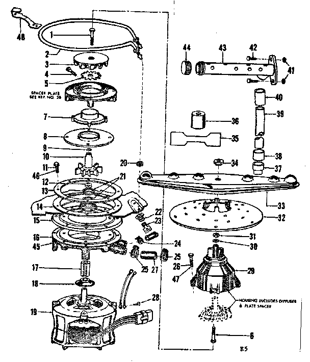 Kenmore 587727011 motor, heater, and spray arm diagram