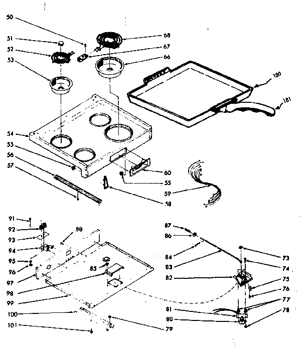 Kenmore 1039336700 main top section & optional set-on griddle diagram