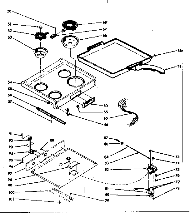 Kenmore 1039336741 main top section and optional set-on griddle diagram