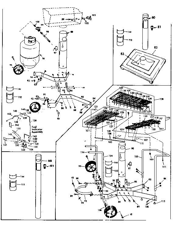 Kenmore 2582318010 post, patio base, standard cart & deluxe cart diagram