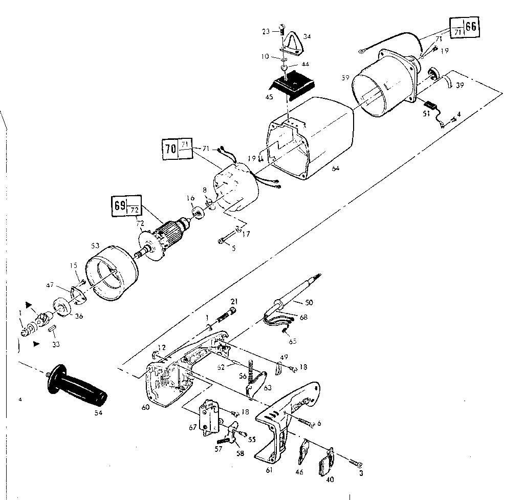 Skil 987 TYPE 1 motor housing and field/armature assembly diagram