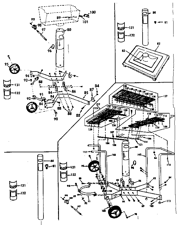 Kenmore 2582338171 post, patio base, standard cart & deluxe cart diagram