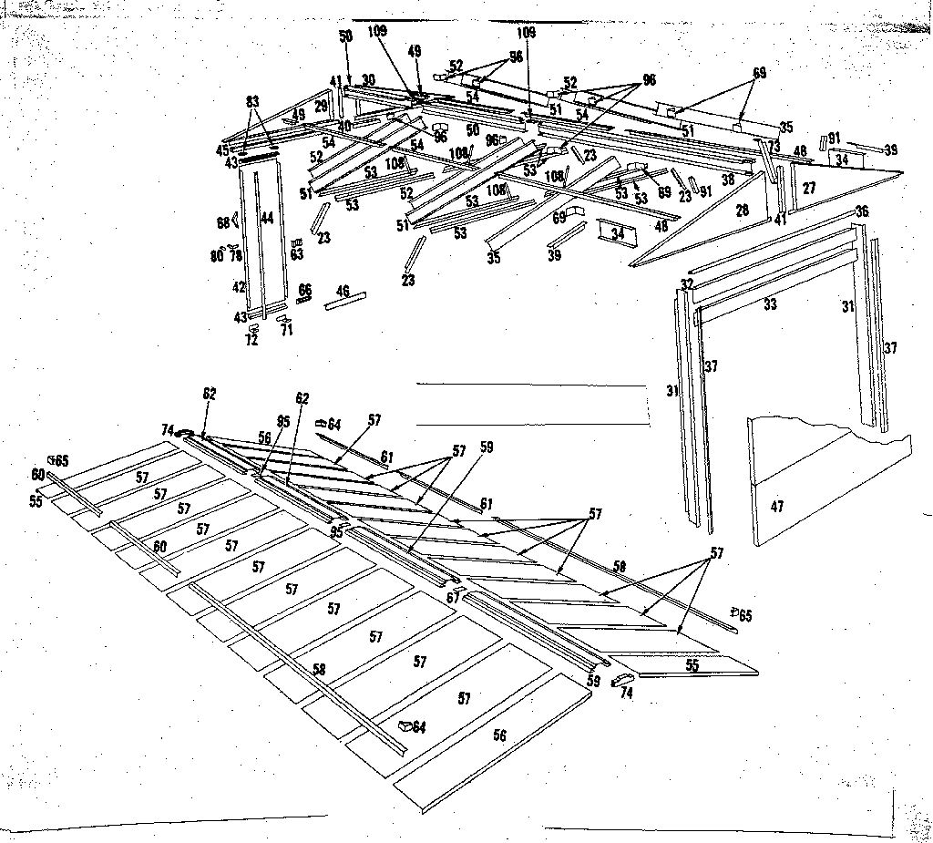 Sears 69660895 roof support, door and roof assembly diagram