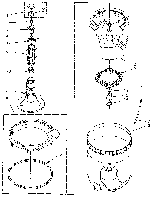 Kenmore 11082993300 agitator, basket and tub diagram