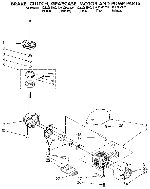 Kenmore 11082993300 brake, clutch, gearcase, motor and pump diagram