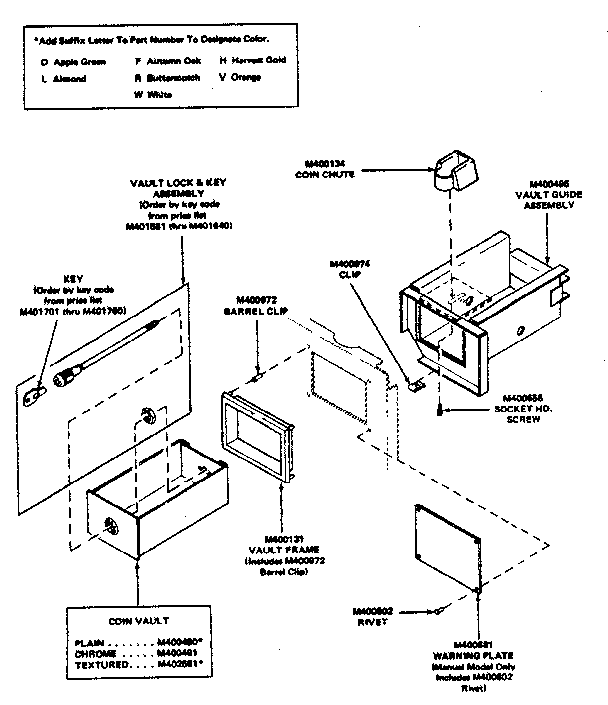 Huebsch 30CG coin vault and vault guide assembly diagram
