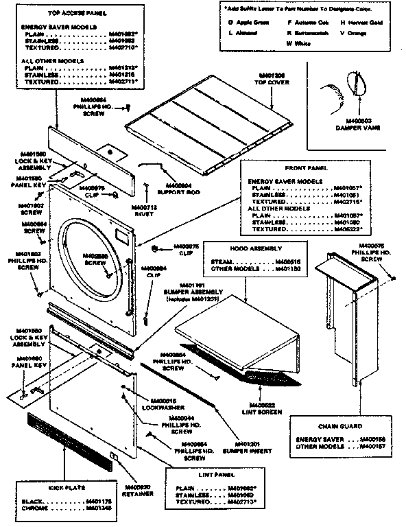 Huebsch 30CG panels, guards and lint hood assembly diagram