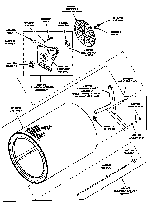 Huebsch 30CG cylinder and trunnion assemblies diagram