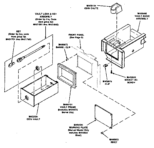 Huebsch 30WG coin vault and guide assembly diagram