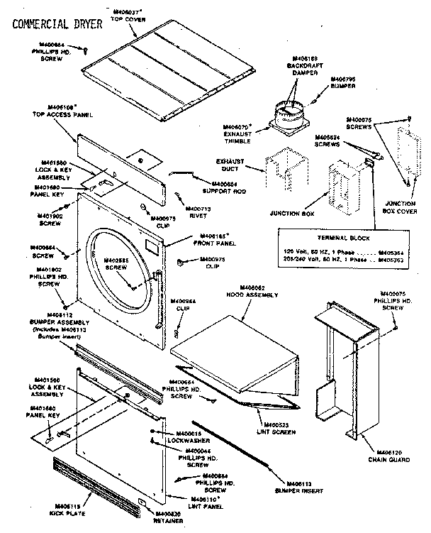 Huebsch 30WG panels, guards and lint hood assembly diagram