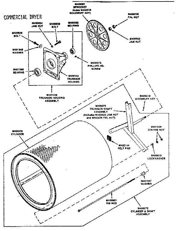 Huebsch 30WG cylinder and trunnion assemblies diagram