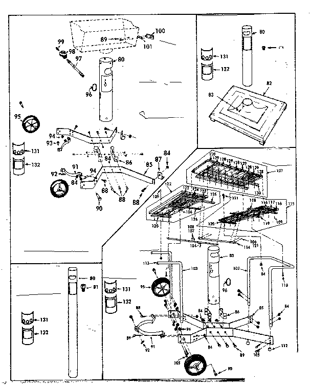 Kenmore 2582318110 post, patio base, standard cart & deluxe cart diagram