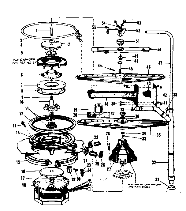 Kenmore 587703203 motor, heater, and spray arm details diagram