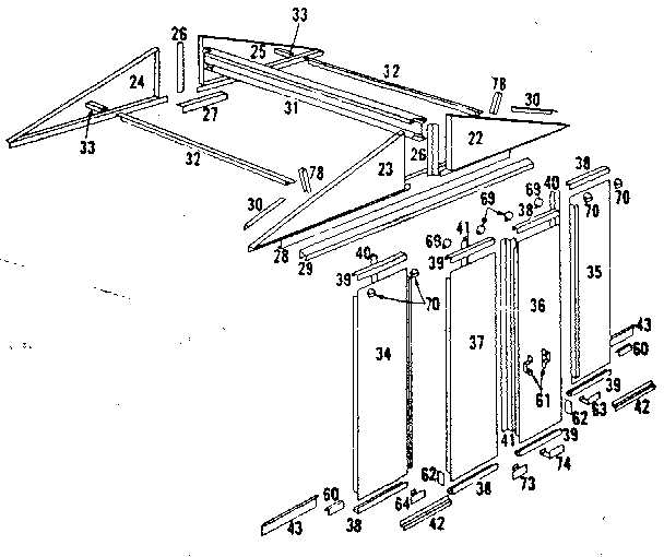 Sears 69668845 roof support and door assembly diagram