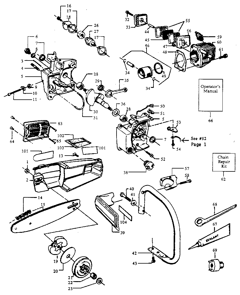 Craftsman 358355120 handle / chain and guide bar assembly diagram