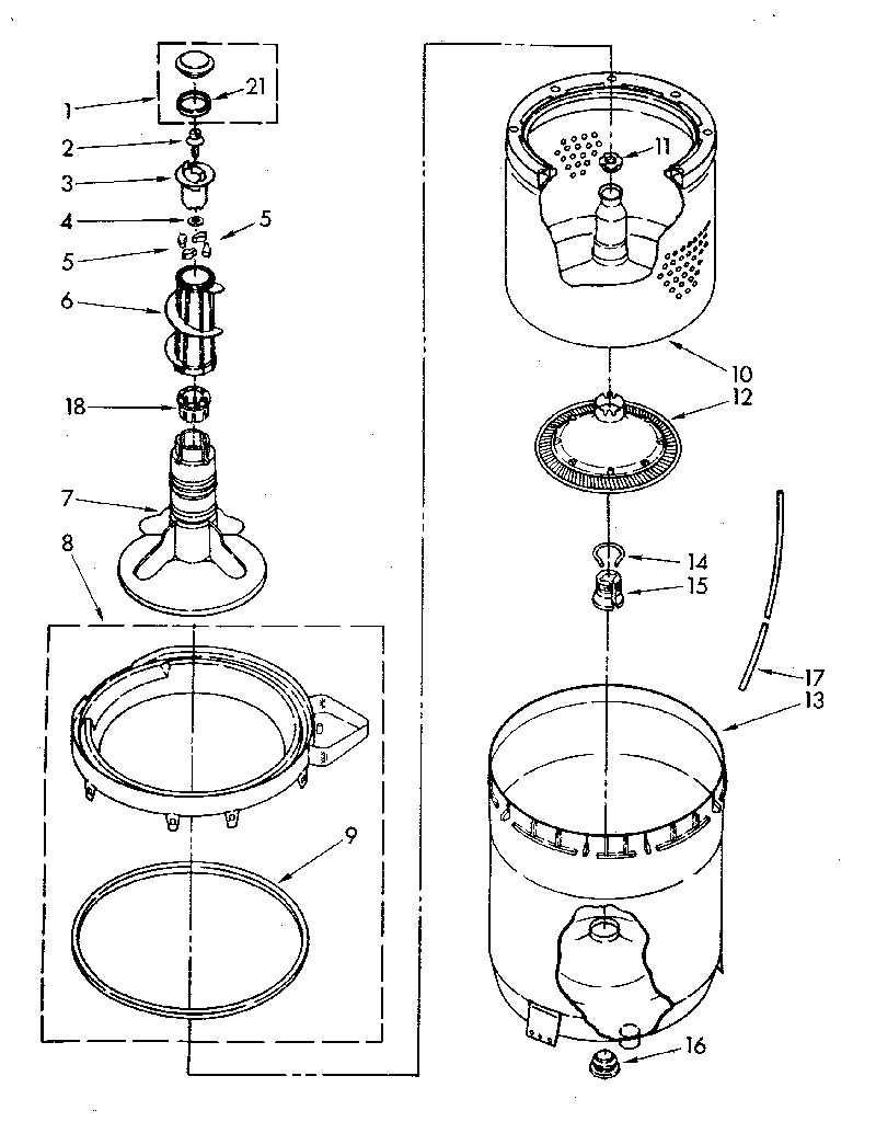 Kenmore 11082870300 agitator, basket and tub parts diagram