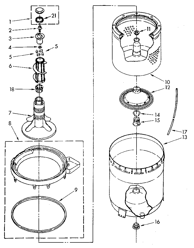 Kenmore 11082872300 agitator, basket and tub parts diagram