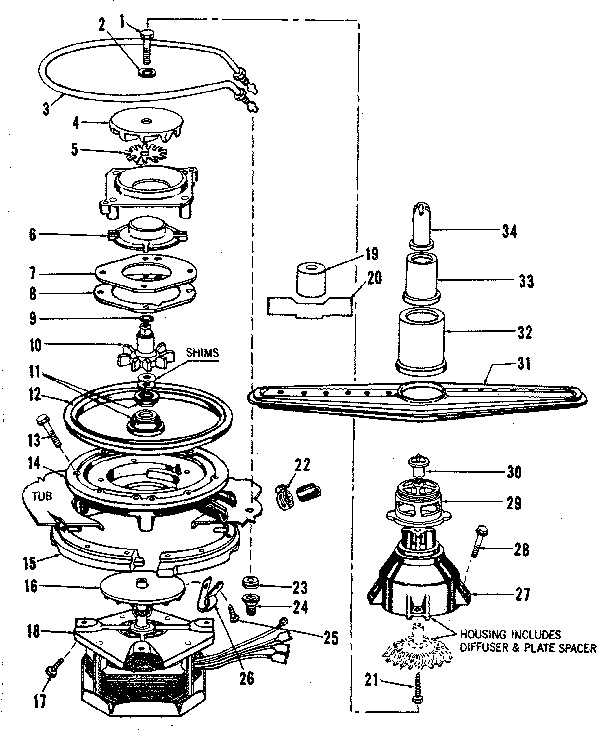 Kenmore 5871406085 motor, heater, and spray arm details diagram