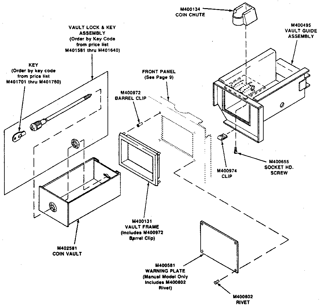 Kenmore 999L30XG coin vault and guide assembly diagram