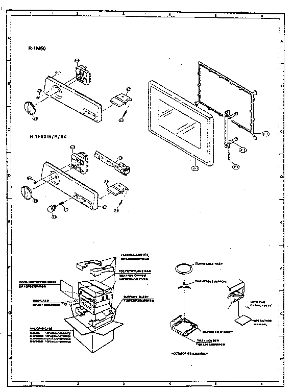 Sharp R-1F80W/R/BK control panel, door parts & packing & accessories diagram