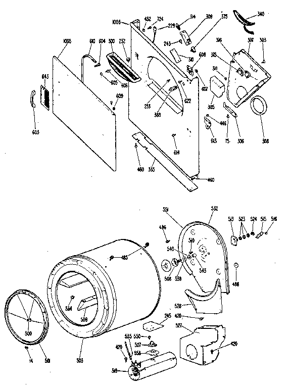 Kenmore 363DDE8200GAL cabinet front, drum, duct asm. diagram