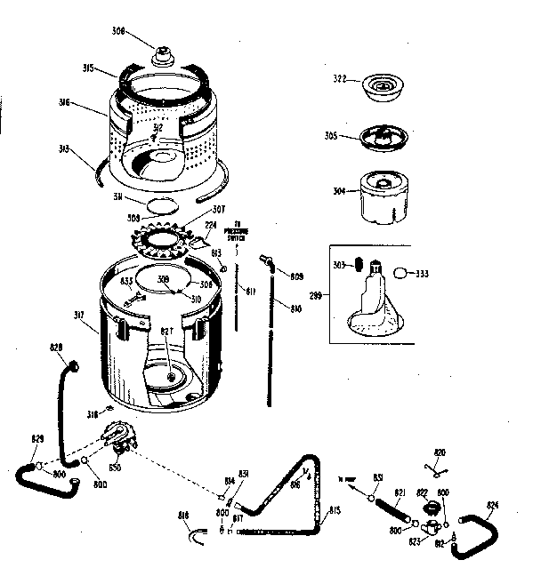 GE WWA8330GAL tub/basket and agitator diagram