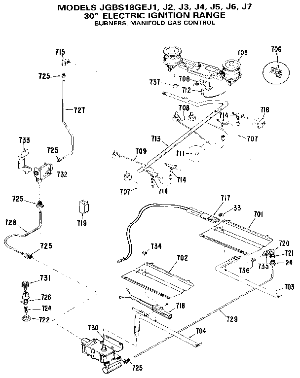 GE JGBS18GEJ6 burners, manifold gas control diagram