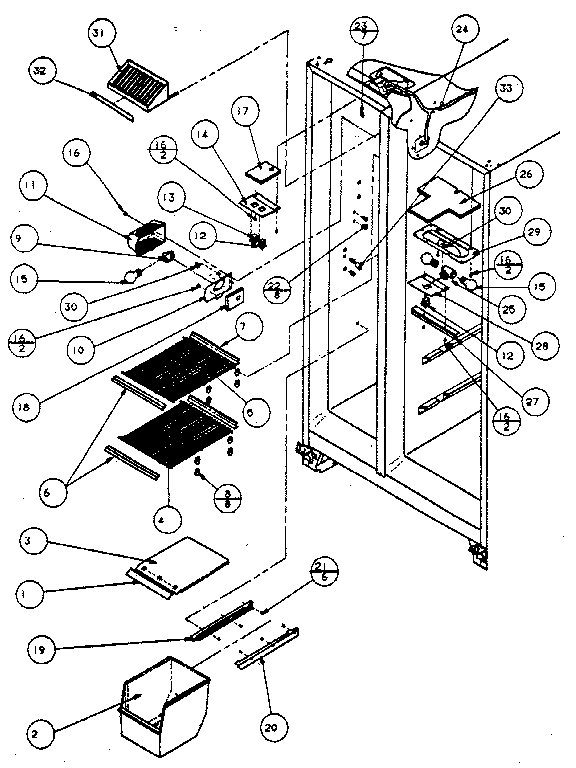 Amana SXPD25H freezer shelving and refrigerator light diagram