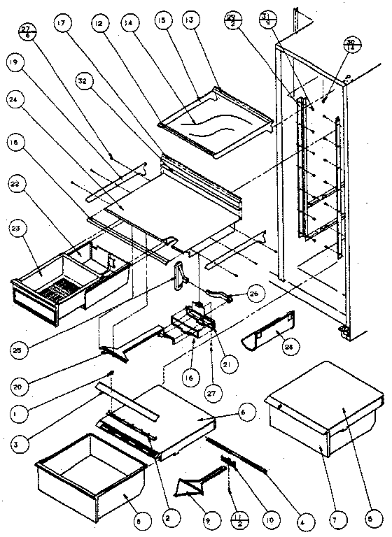 Amana SXPD25H refrigerator shelving and drawers diagram