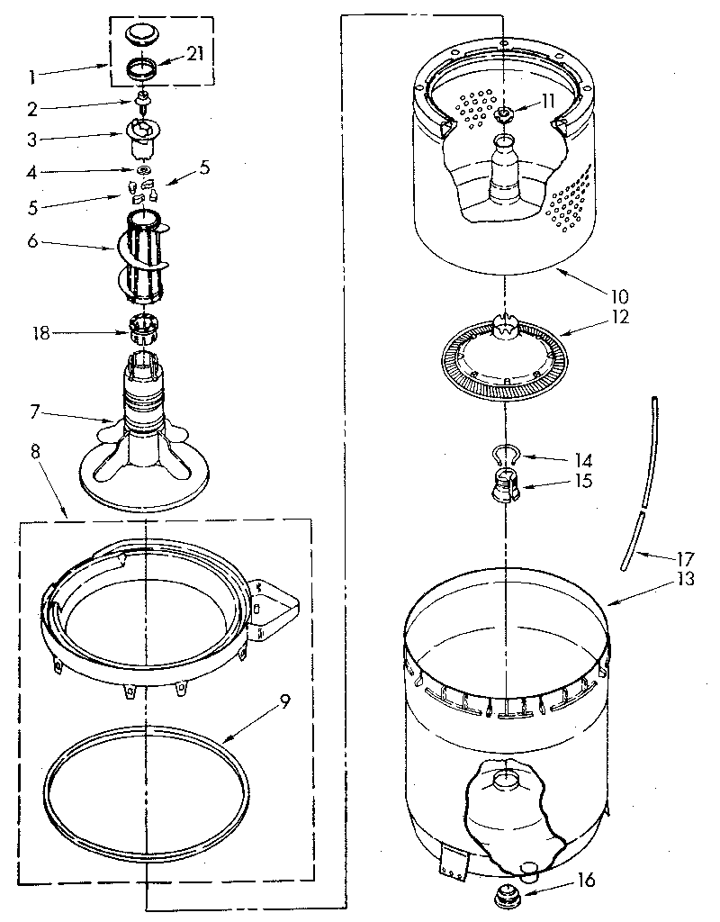 Kenmore 11082870710 agitator, basket and tub diagram