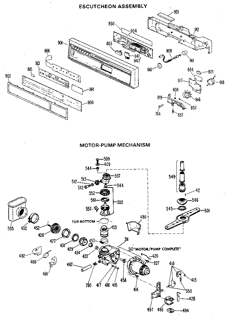 GE GSD2200G05 escutcheon and motor-pump assembly diagram