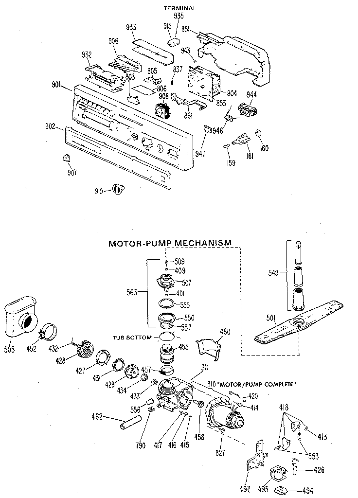 GE GSD600G-01WA control panel and motor-pump assembly diagram