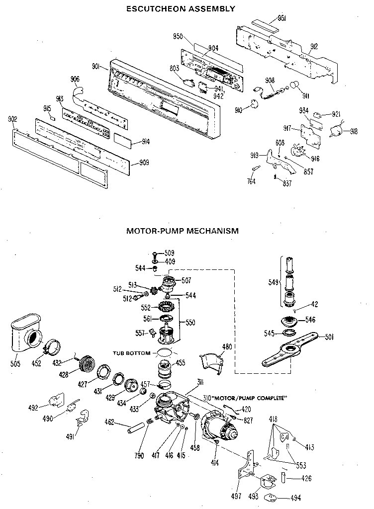 GE GSD2200G04 escutcheon and motor-pump assembly diagram