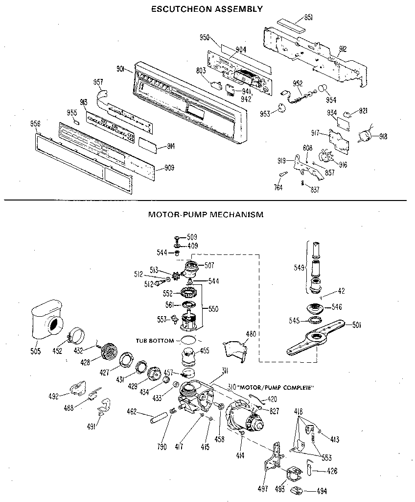 GE GSD2200L01 escutcheon and motor-pump assembly diagram