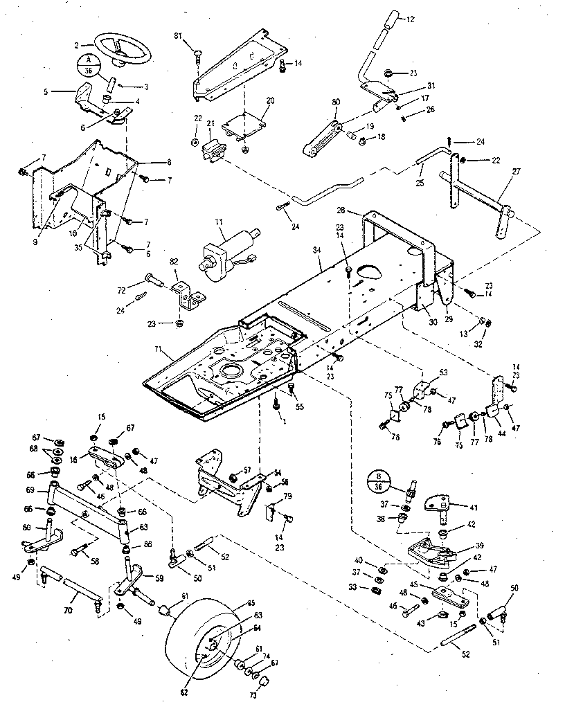 Troybilt 3214GR frame, lift and steering assembly diagram