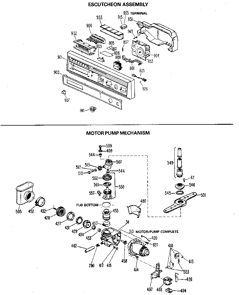 Kenmore 3631479580 escutcheon and motor/pump diagram