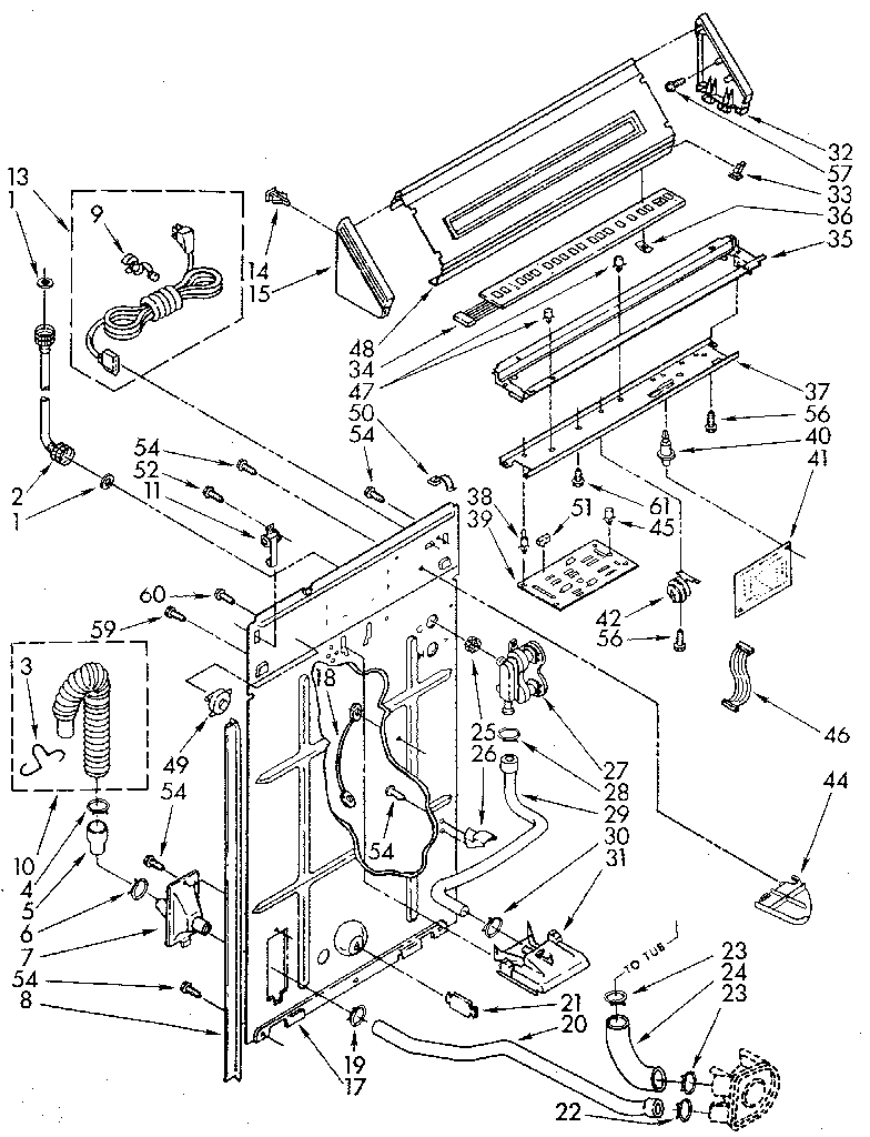 Whirlpool LA9800XTM0 controls and rear panel diagram