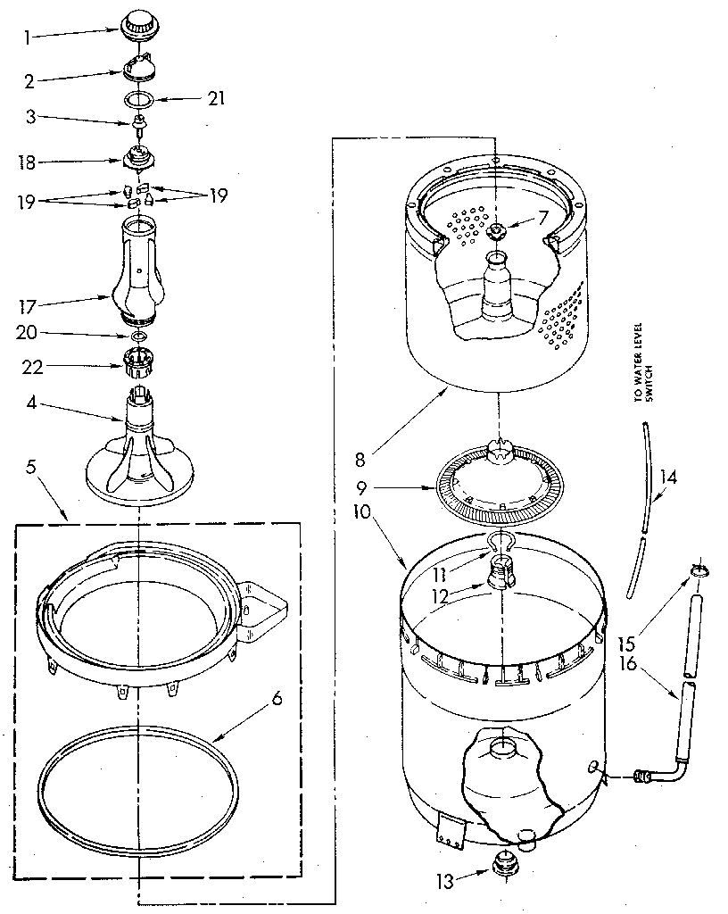 Whirlpool LA9800XTM0 agitator, basket and tub diagram