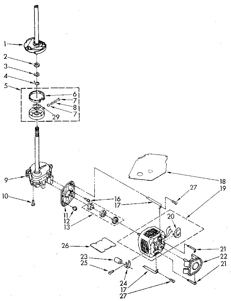 Whirlpool LA9800XTM0 brake, clutch, gearcase, motor and pump diagram
