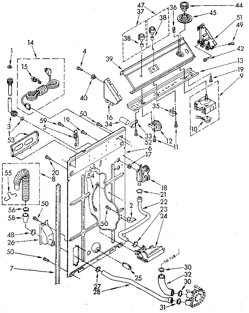 Whirlpool LA5500XTN0 controls and rear panel diagram