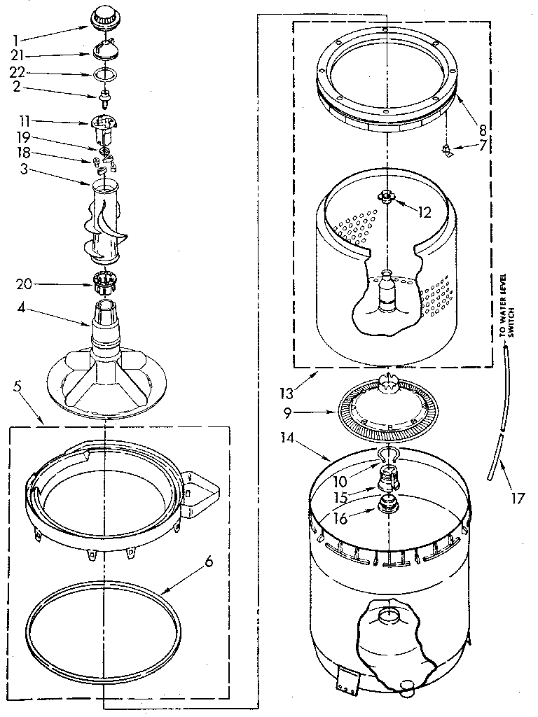 Whirlpool LA5500XTN0 agitator, basket and tub diagram
