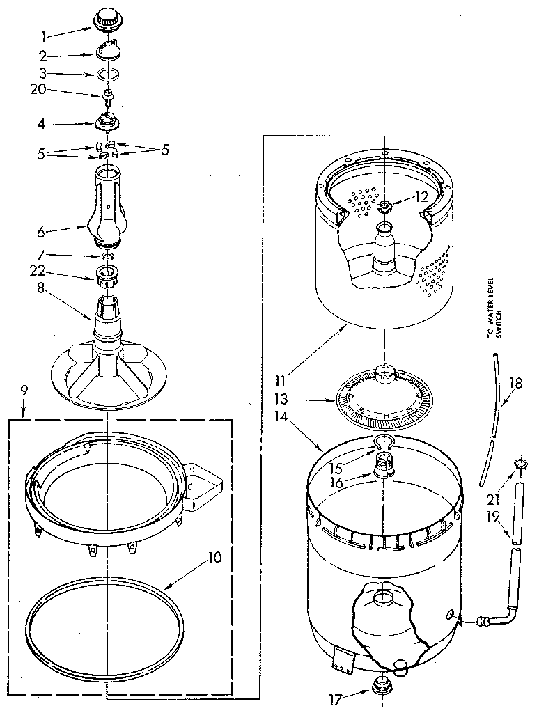 Whirlpool LA5580XTG0 agitator, basket and tub diagram
