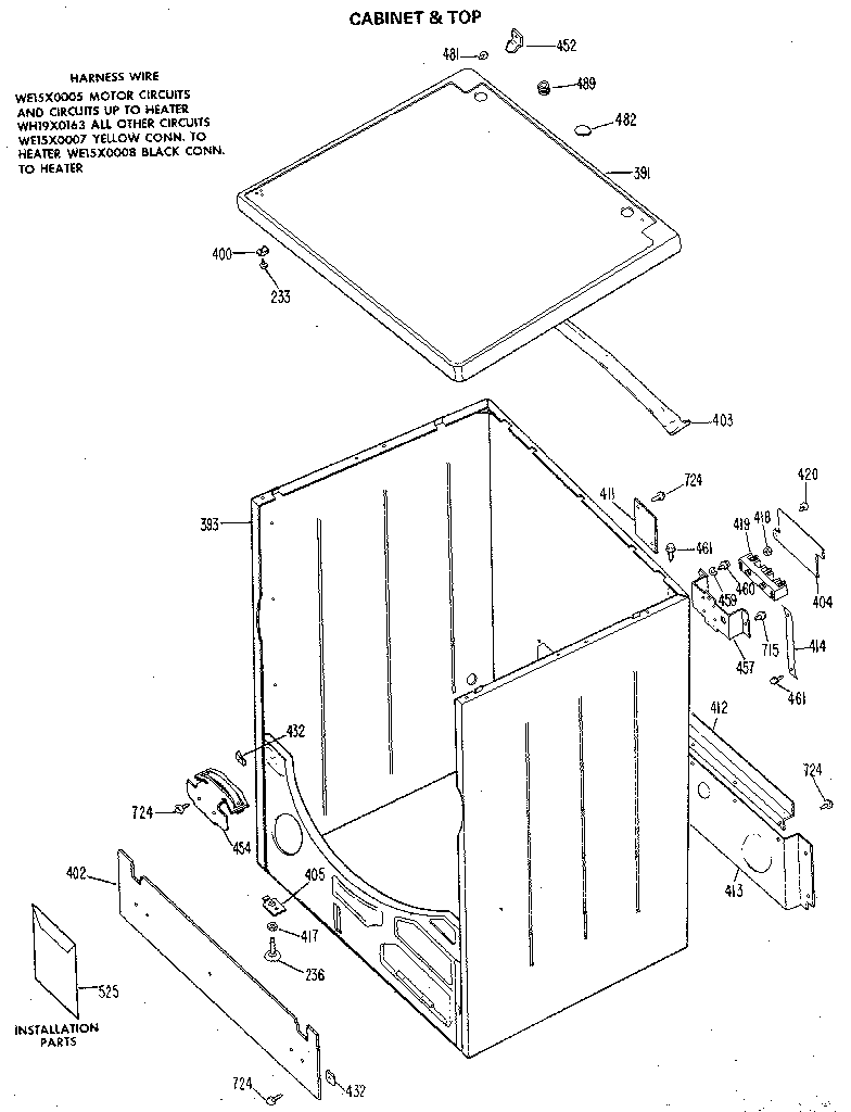 GE DDE0580GCL top and cabinet diagram