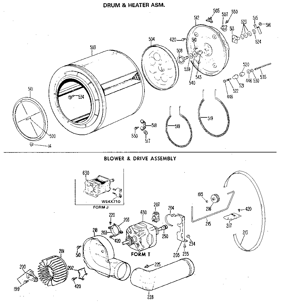 GE DDE0580GCL drum/heater/blower and drive diagram