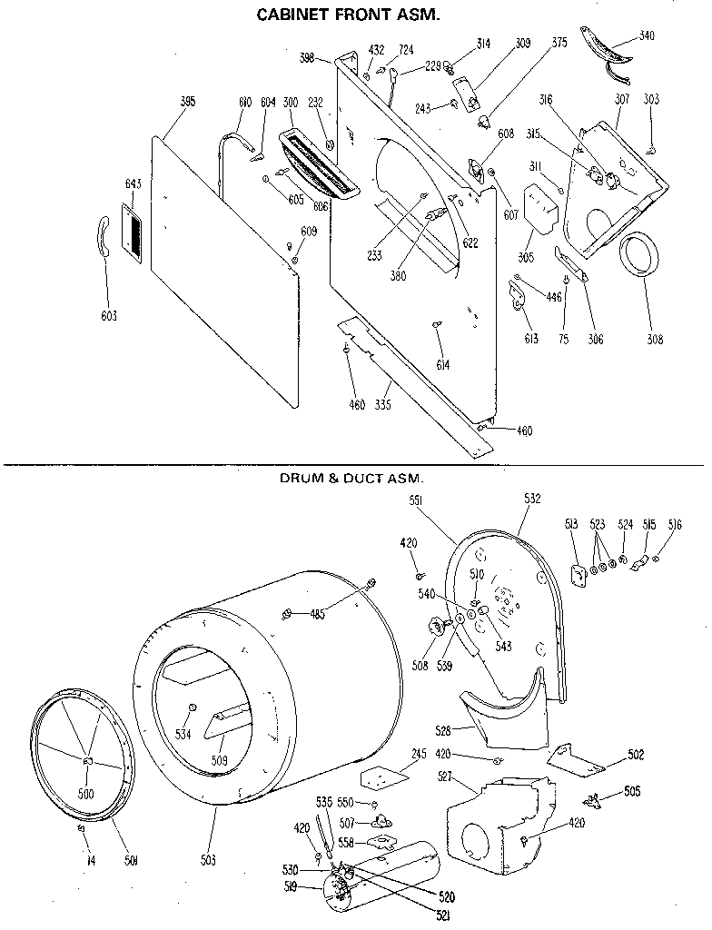 GE DDE8200GDL cabinet front and drum diagram