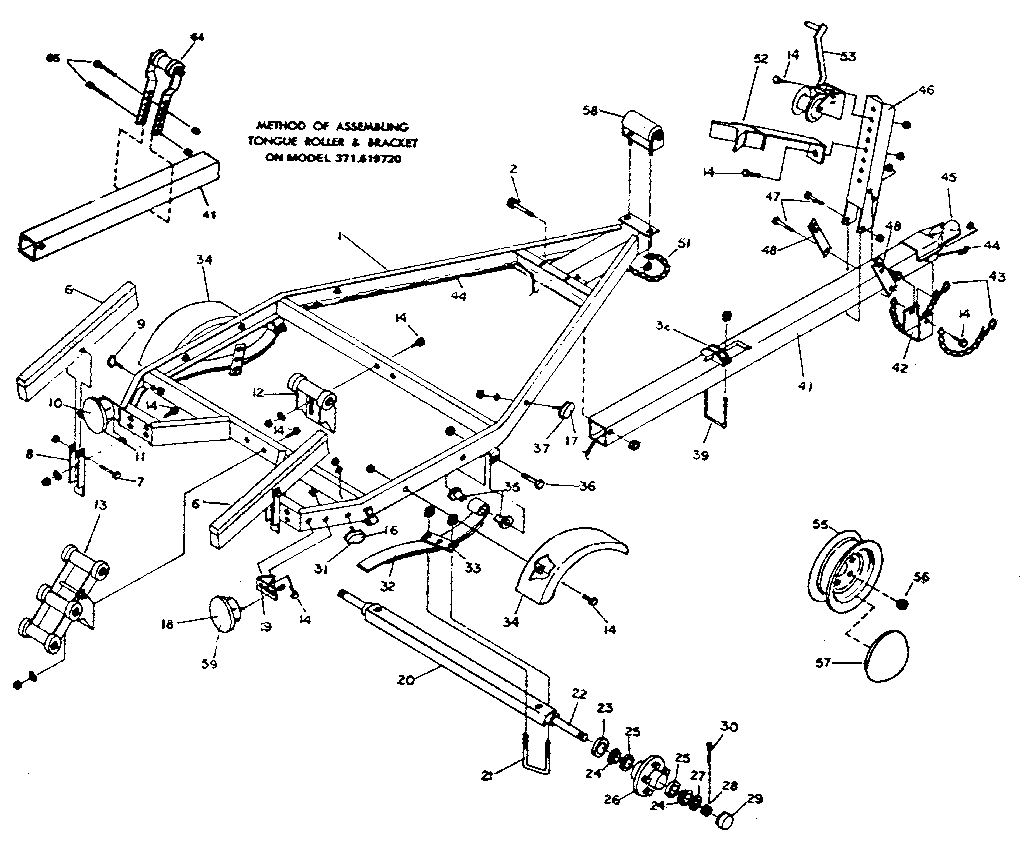 Sears 371619680 tongue roller and bracket assembly diagram