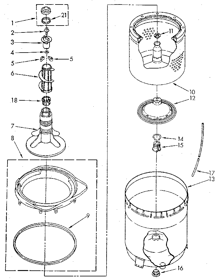 Kenmore 11082891710 agitator, basket and tub diagram