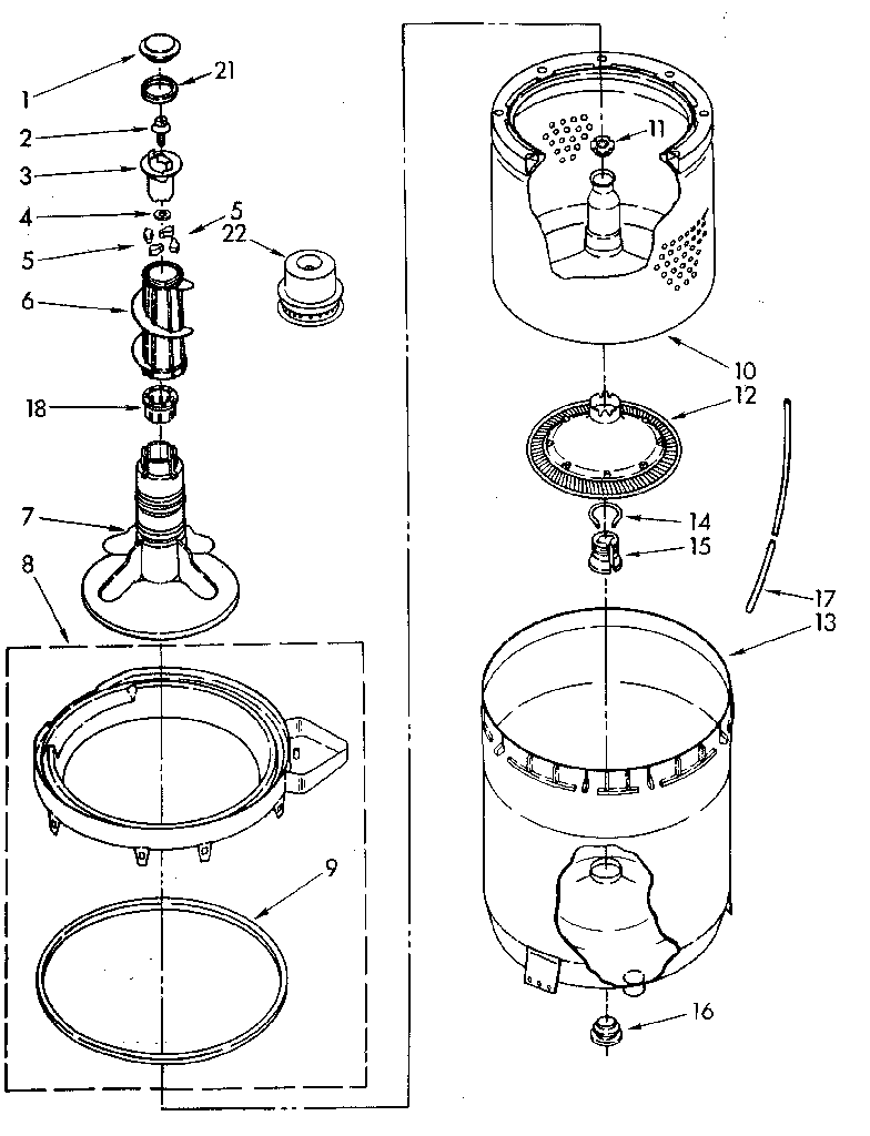 Kenmore 11082979700 agitator, basket and tub diagram