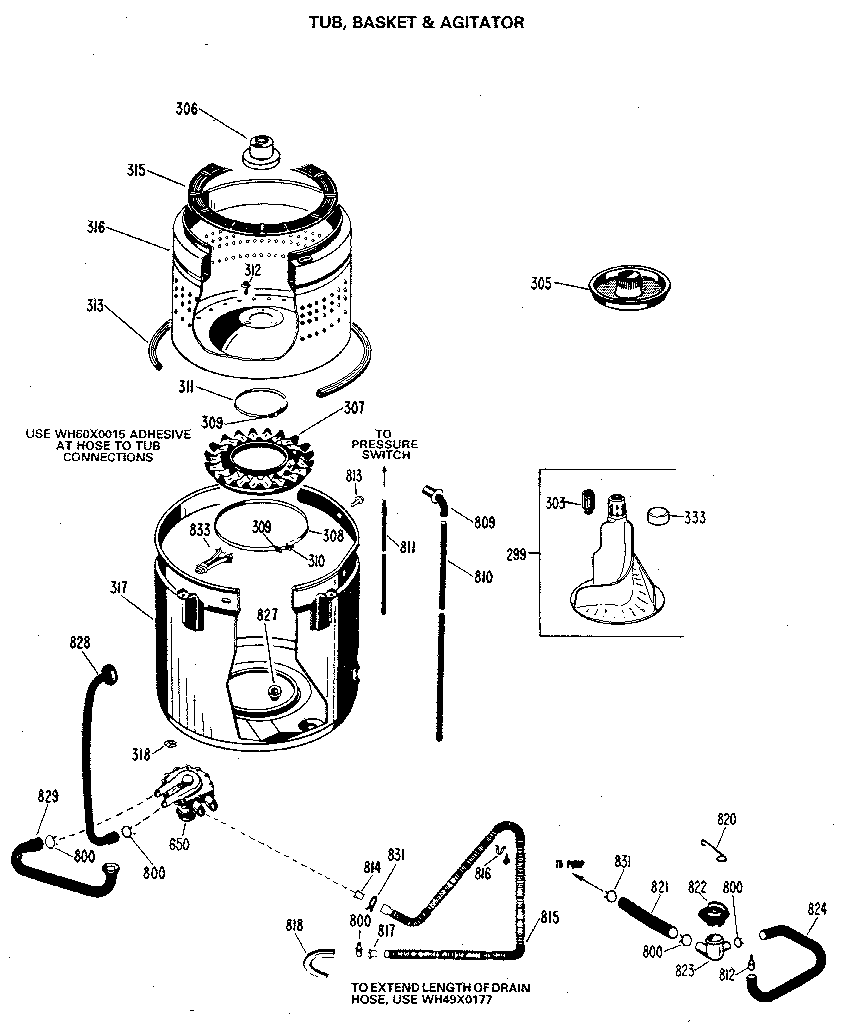 GE WW8318LAL tub/basket and agitator diagram