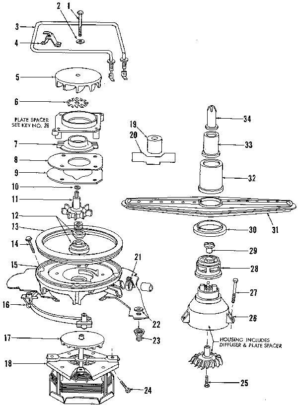 Kenmore 5871409081 motor, heater, and spray arm diagram